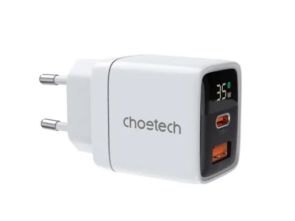 Cargador de pared CHOETECH GaN 1-USB-A y 1-USB-C PD35W con pantalla digital Blanco