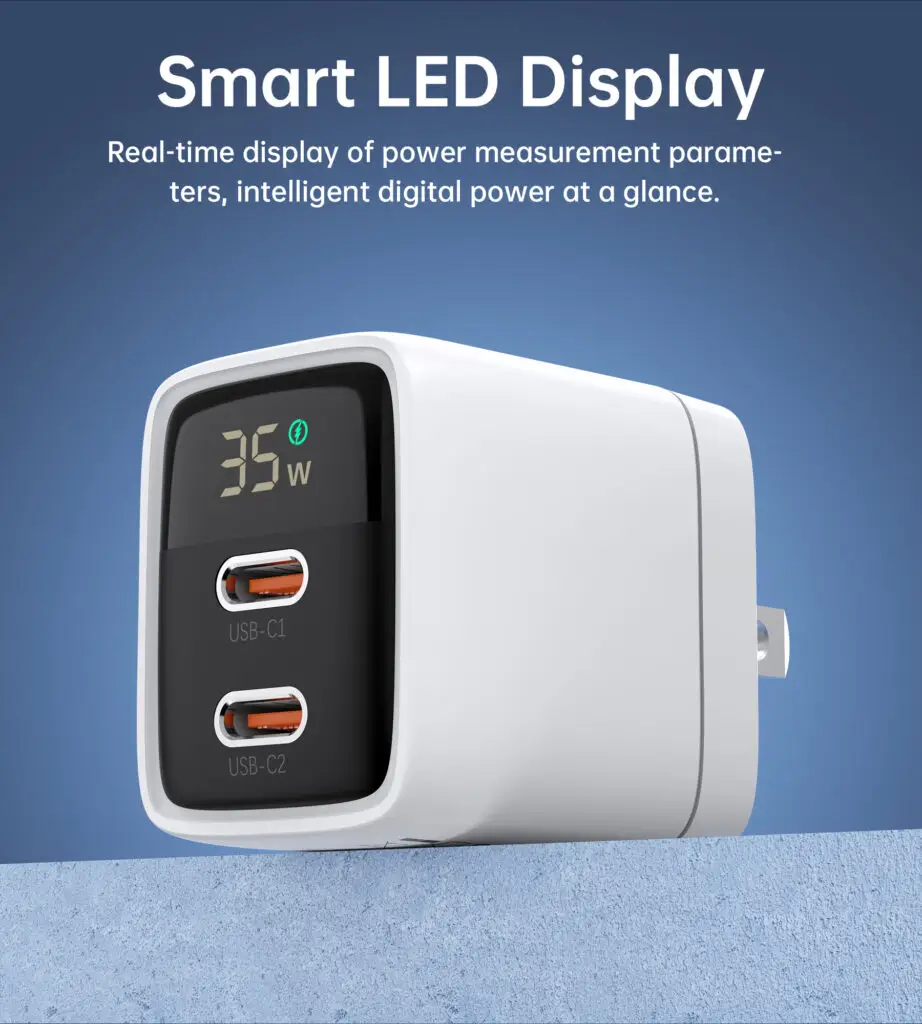 Cargador de pared PD6051 CHOETECH GaN 2 USB-C PD35W con pantalla digital Blanco